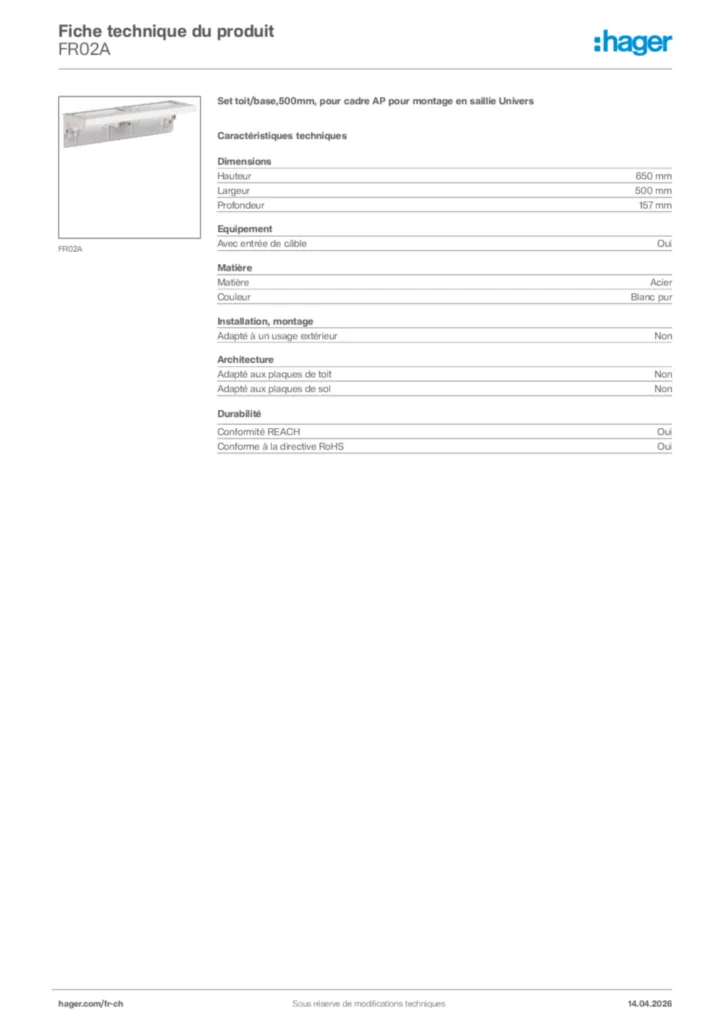 Image Hager Fiche technique du produit FR02A | Hager Suisse