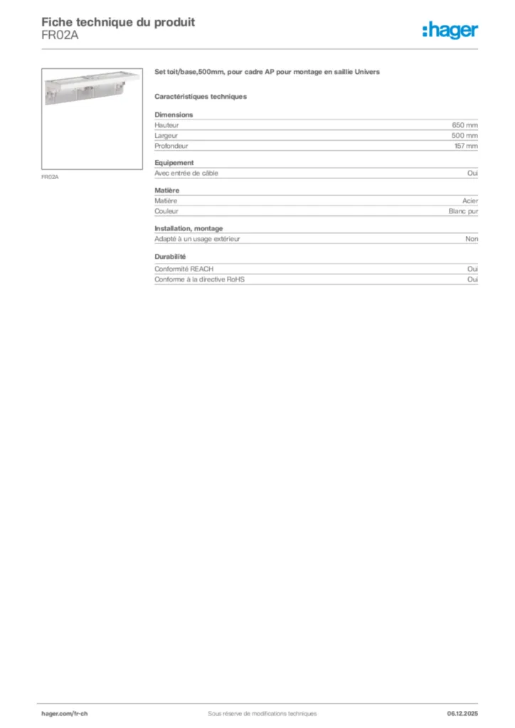 Image Hager Fiche technique du produit FR02A | Hager Suisse