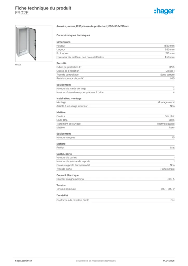 Image Hager Fiche technique du produit FR02E | Hager Suisse