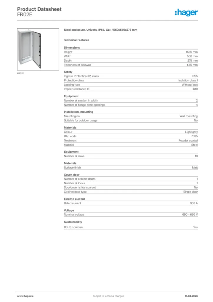 Image Hager Product data sheet FR02E  | Hager