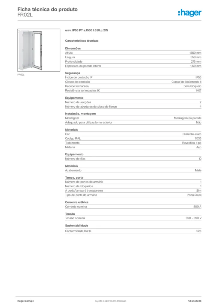 Imagem Hager Ficha técnica do produto FR02L | Hager Portugal