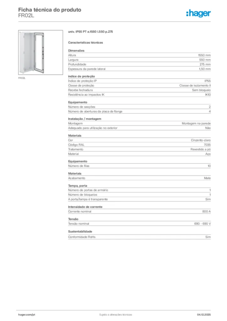 Imagem Hager Ficha técnica do produto FR02L | Hager Portugal