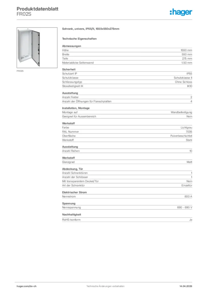 Bild Hager Produktdatenblatt FR02S | Hager Schweiz