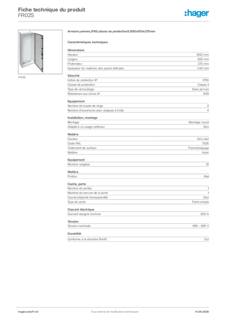 Image Hager Fiche technique du produit FR02S | Hager Suisse