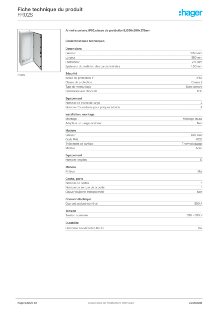 Image Hager Fiche technique du produit FR02S | Hager Suisse