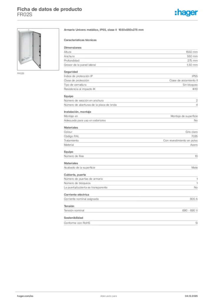Imagen Hager Ficha de datos de producto FR02S | Hager España