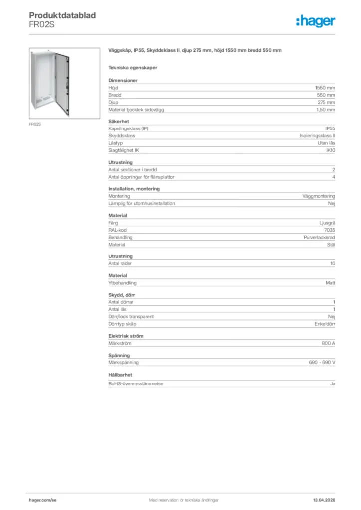 Bild Hager Produktdatablad FR02S | Hager Sverige