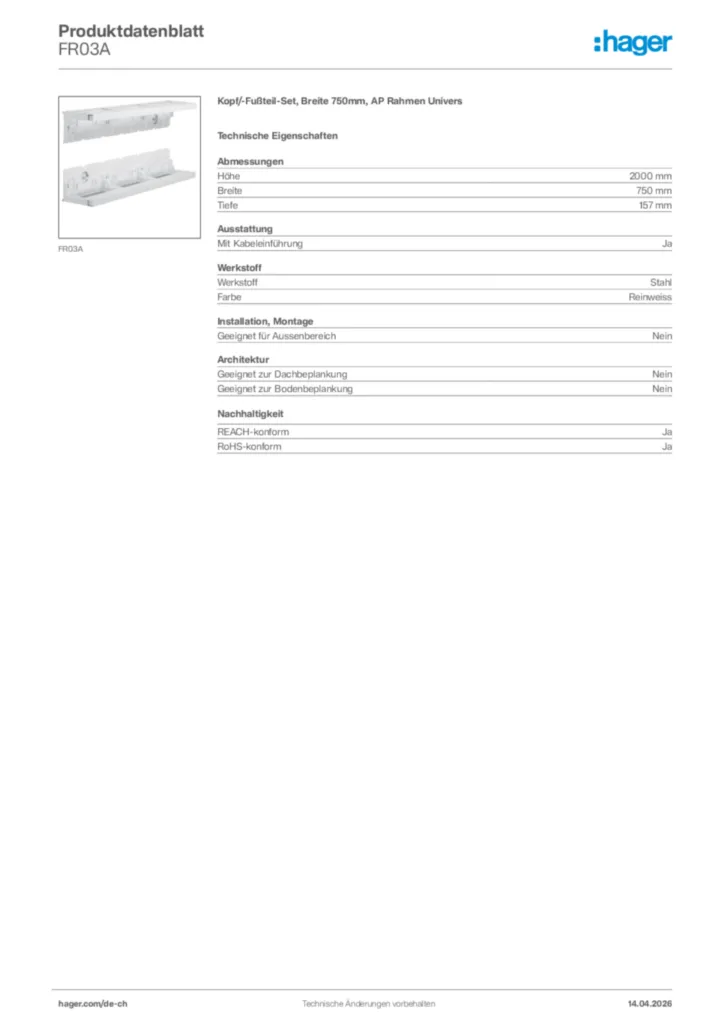 Bild Hager Produktdatenblatt FR03A | Hager Schweiz