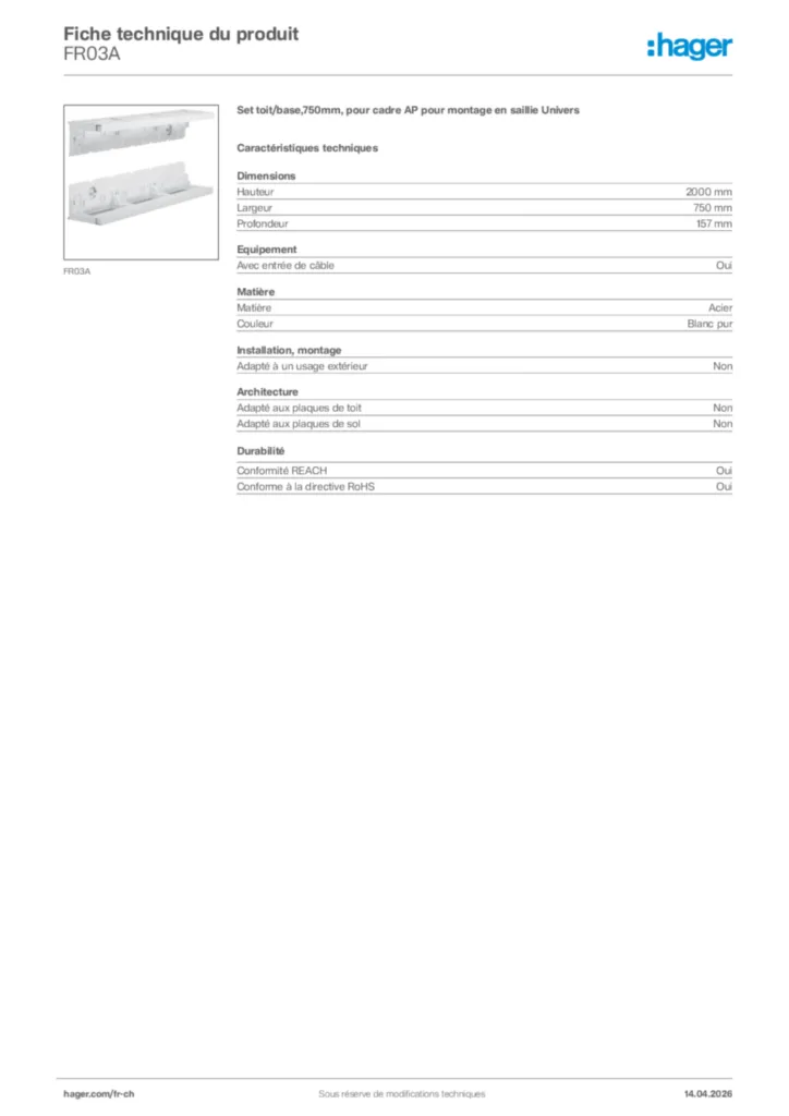 Image Hager Fiche technique du produit FR03A | Hager Suisse