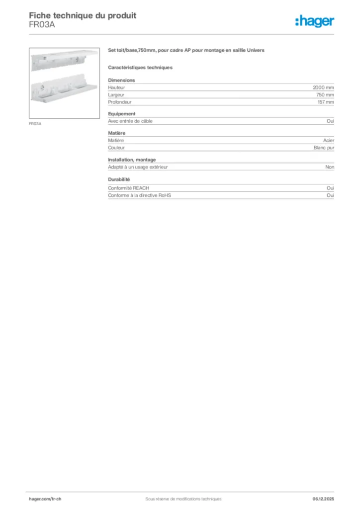Image Hager Fiche technique du produit FR03A | Hager Suisse