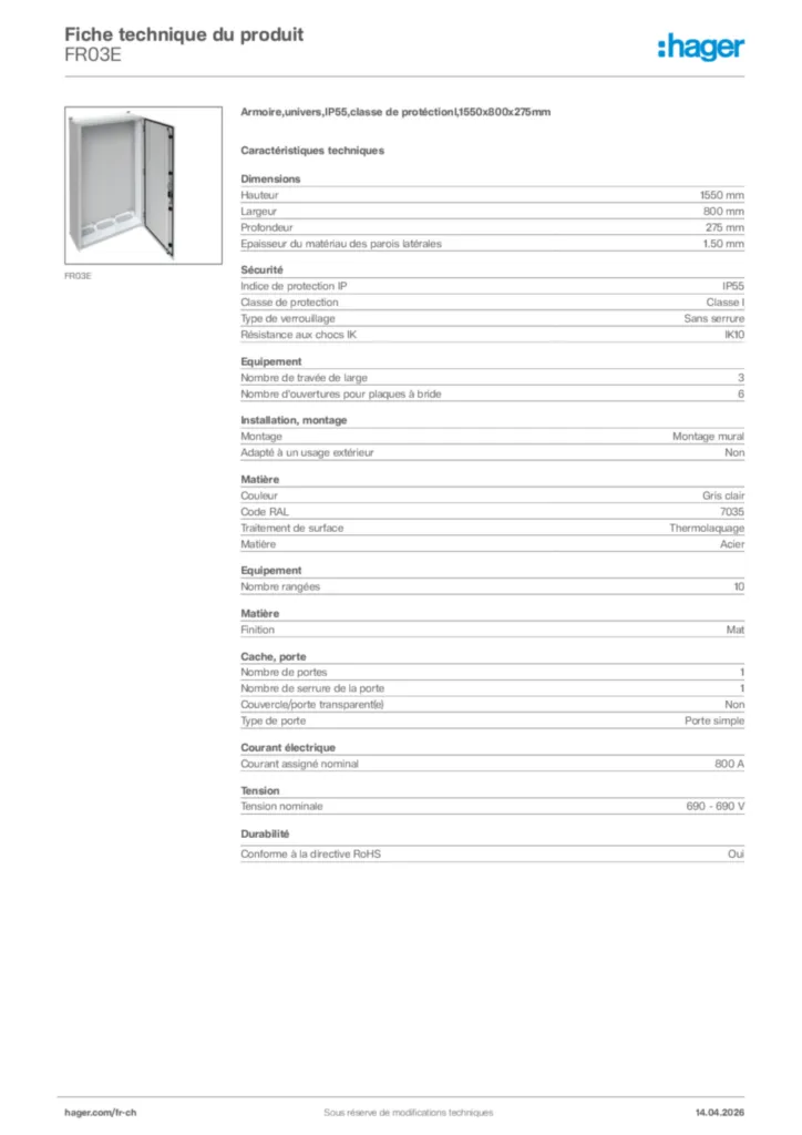 Image Hager Fiche technique du produit FR03E | Hager Suisse