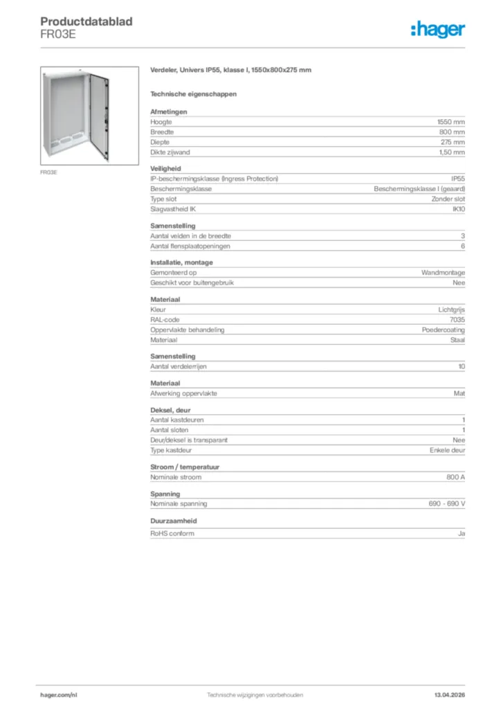 Afbeelding Hager Productdatablad FR03E | Hager Nederland