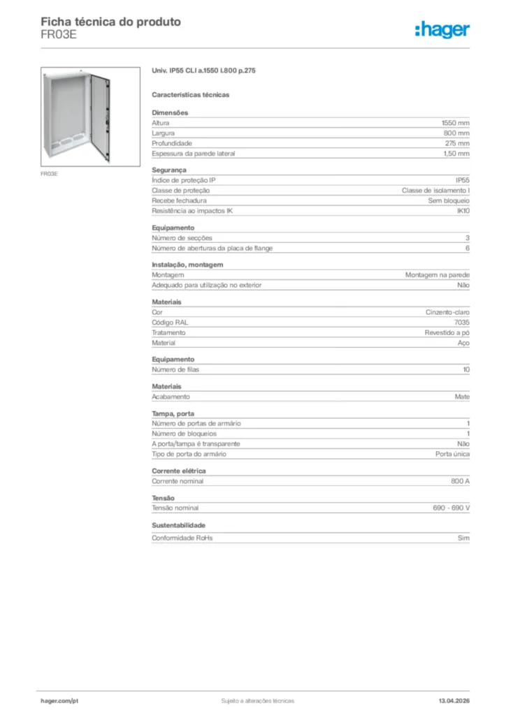 Imagem Hager Ficha técnica do produto FR03E | Hager Portugal