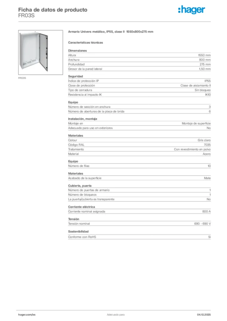 Imagen Hager Ficha de datos de producto FR03S | Hager España
