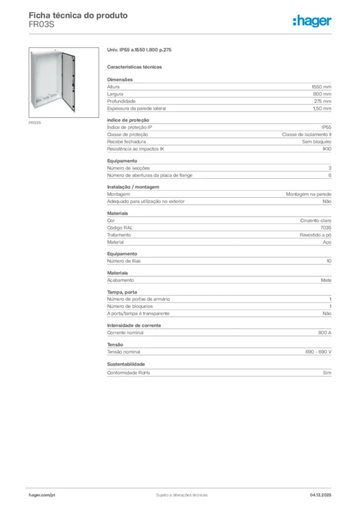 Imagem Hager Ficha técnica do produto FR03S | Hager Portugal