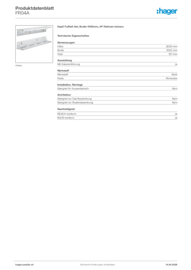 Bild Hager Produktdatenblatt FR04A | Hager Schweiz