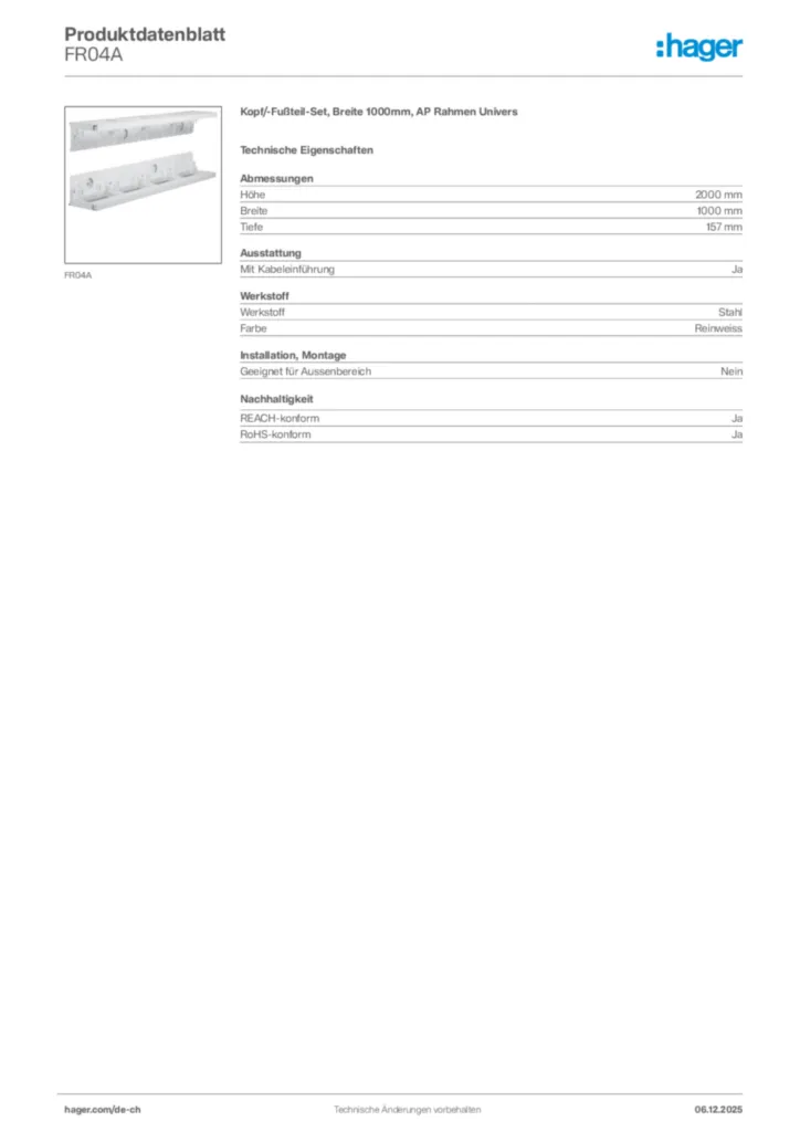 Bild Hager Produktdatenblatt FR04A | Hager Schweiz