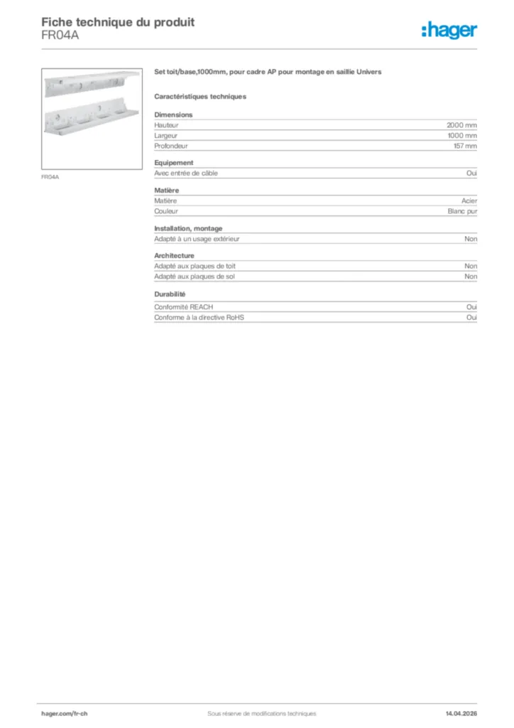 Image Hager Fiche technique du produit FR04A | Hager Suisse