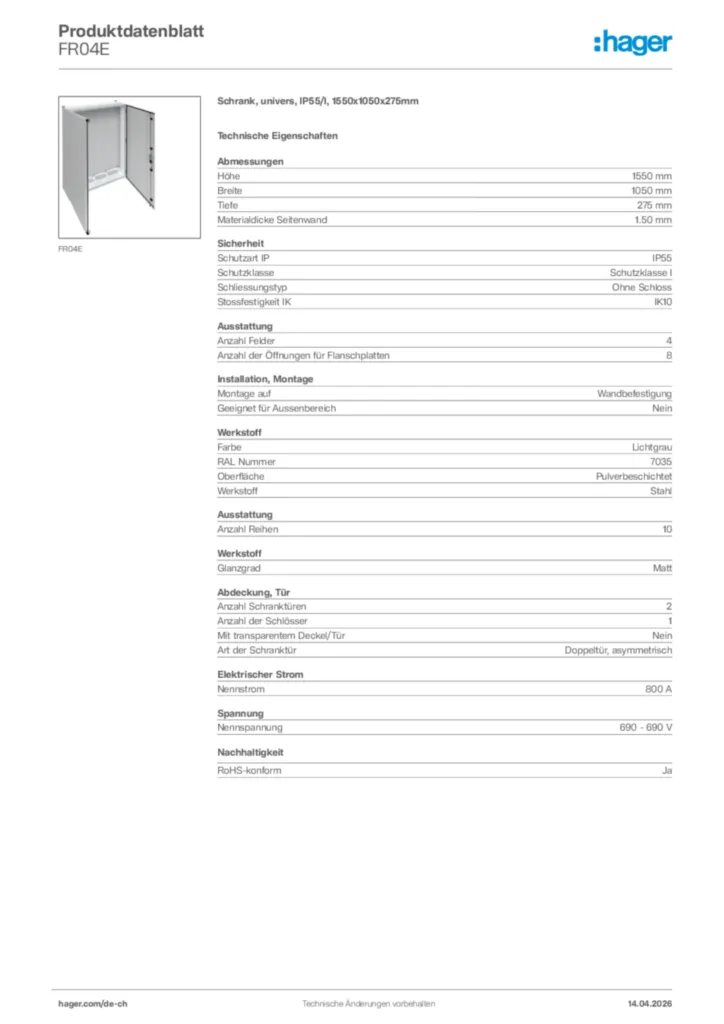 Bild Hager Produktdatenblatt FR04E | Hager Schweiz