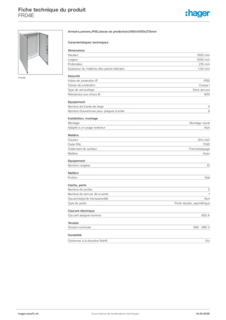 Image Hager Fiche technique du produit FR04E | Hager Suisse