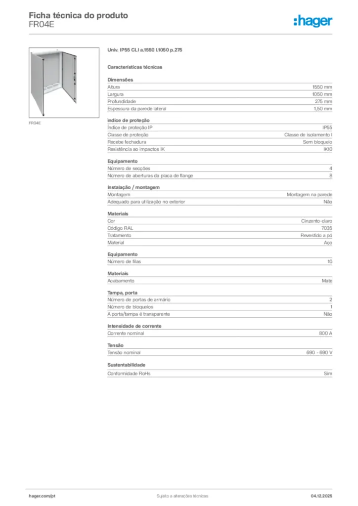 Imagem Hager Ficha técnica do produto FR04E | Hager Portugal