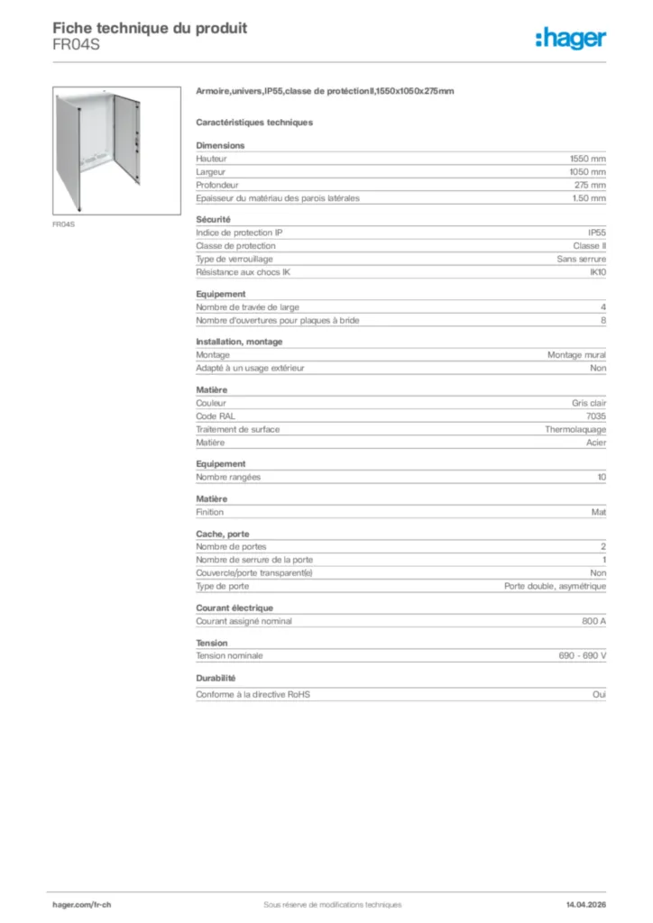 Image Hager Fiche technique du produit FR04S | Hager Suisse