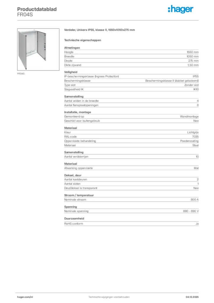 Afbeelding Hager Productdatablad FR04S | Hager Nederland