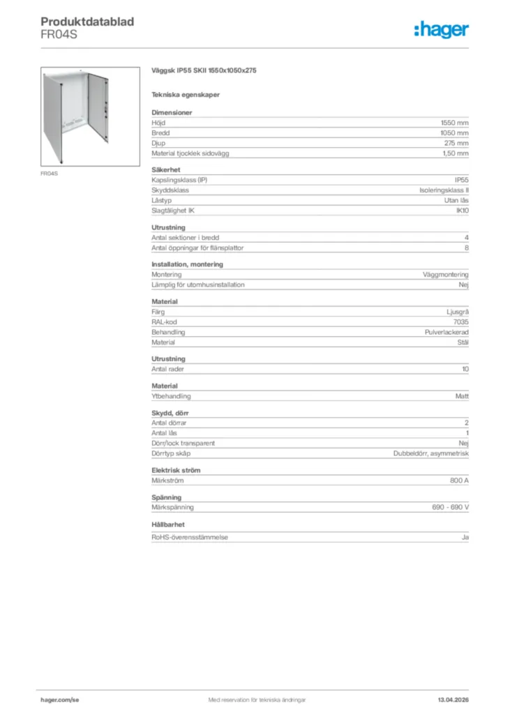 Bild Hager Produktdatablad FR04S | Hager Sverige