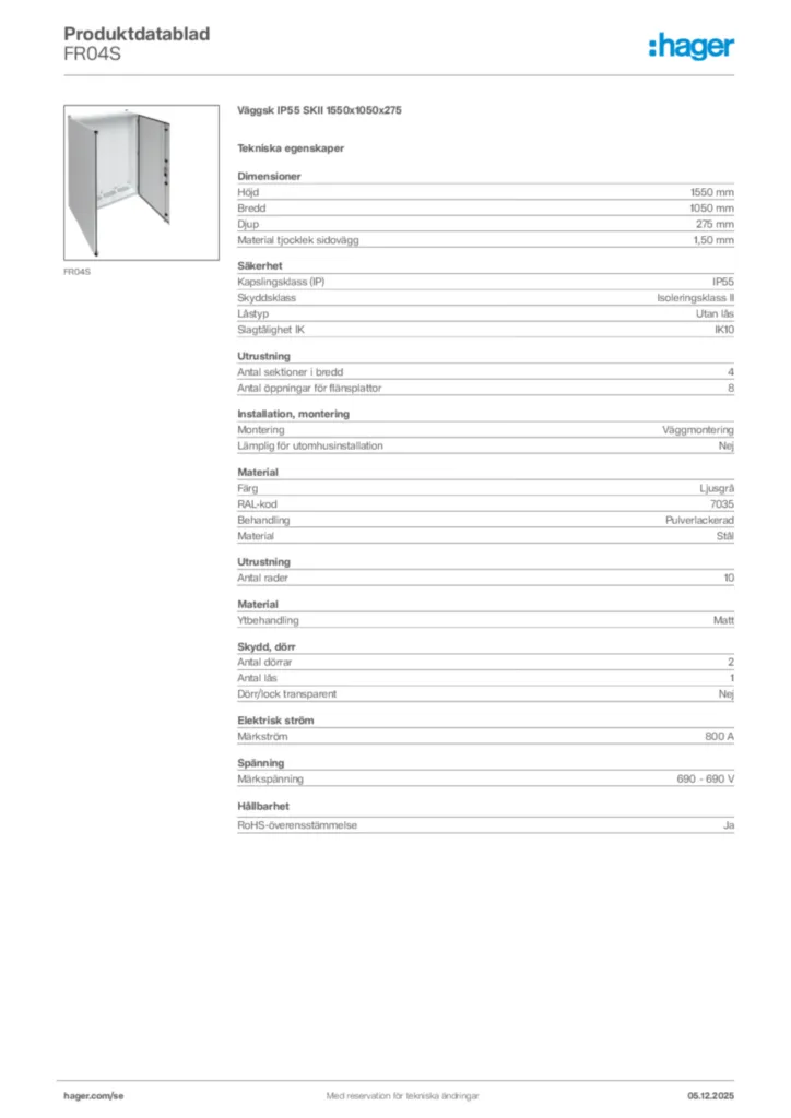 Bild Hager Produktdatablad FR04S | Hager Sverige