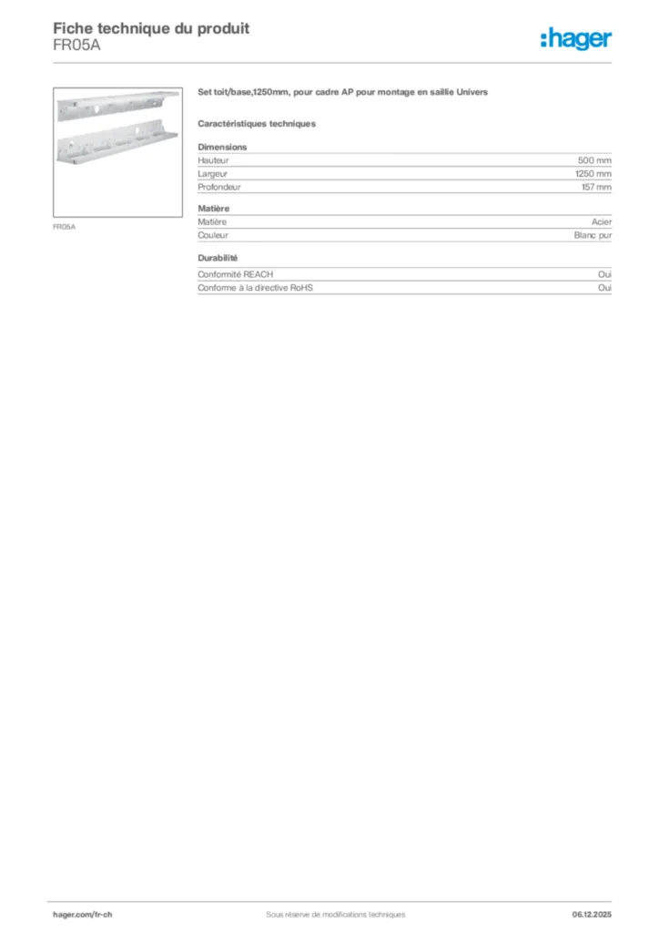 Image Hager Fiche technique du produit FR05A | Hager Suisse