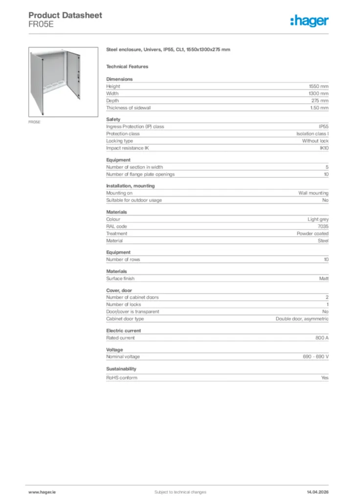 Image Hager Product data sheet FR05E  | Hager