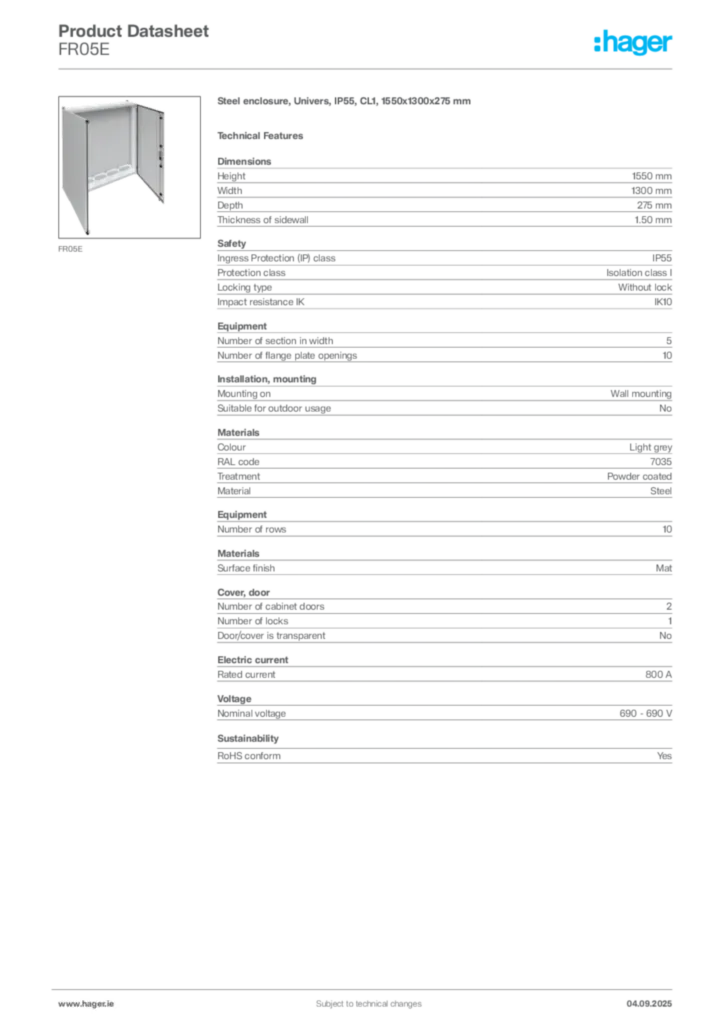 Image Hager Product data sheet FR05E  | Hager