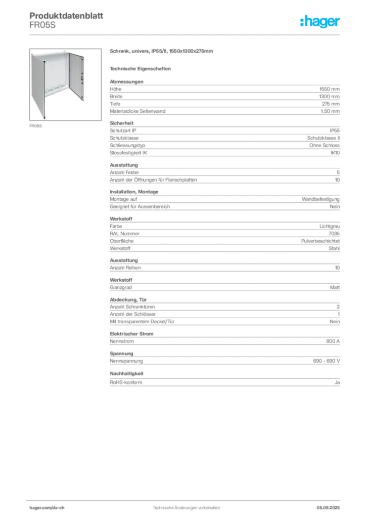 Bild Hager Produktdatenblatt FR05S | Hager Schweiz