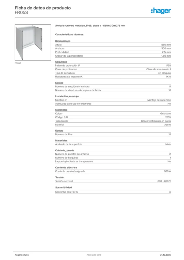 Imagen Hager Ficha de datos de producto FR05S | Hager España