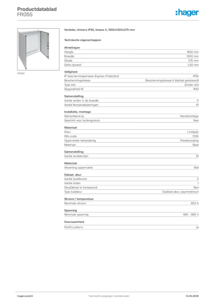 Afbeelding Hager Productdatablad FR05S | Hager Nederland