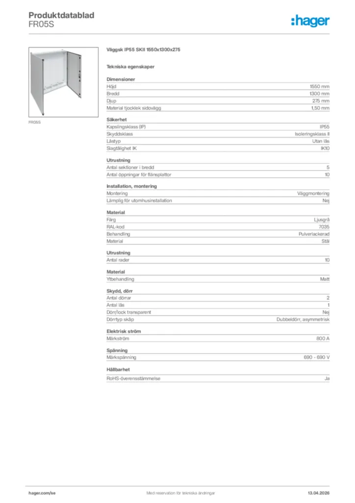 Bild Hager Produktdatablad FR05S | Hager Sverige