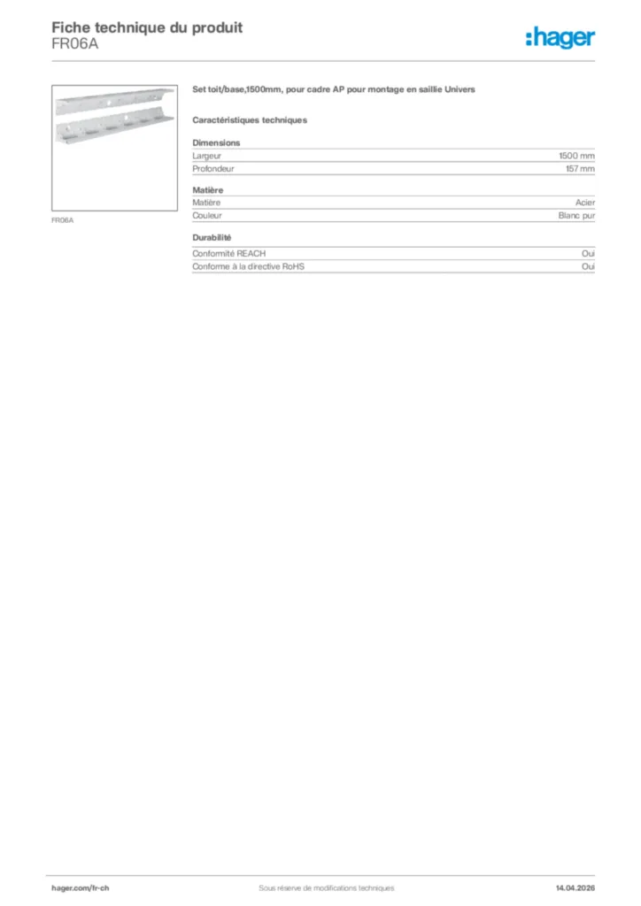 Image Hager Fiche technique du produit FR06A | Hager Suisse