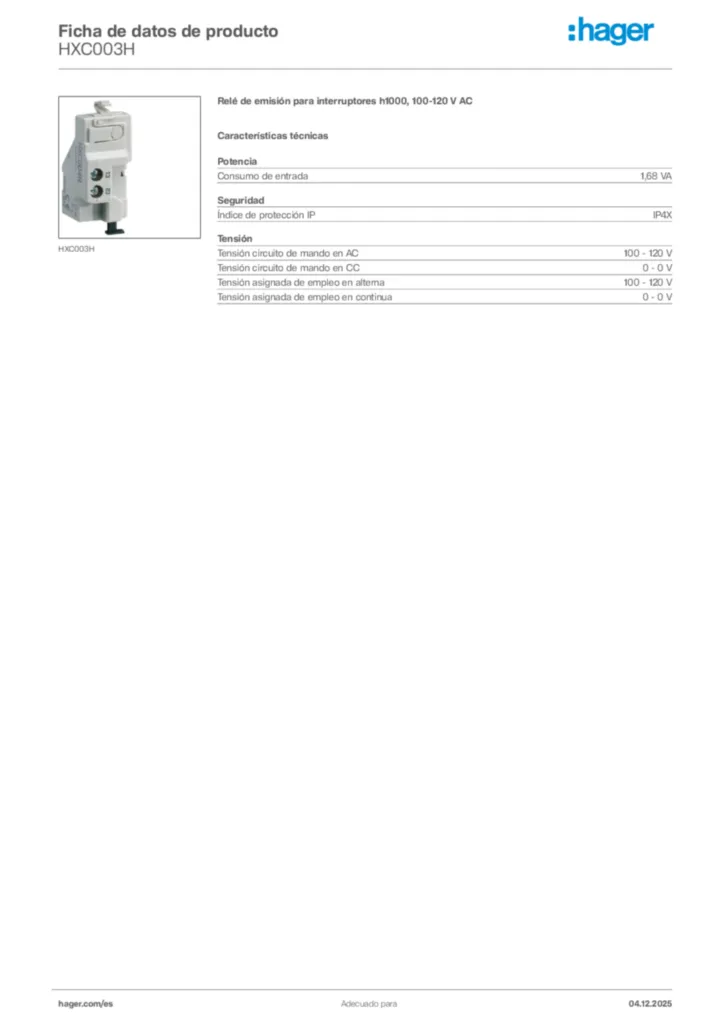 Imagen Hager Ficha de datos de producto HXC003H | Hager España