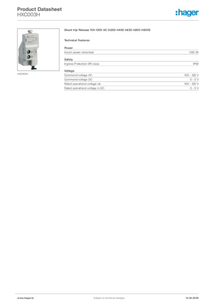 Image Hager Product data sheet HXC003H  | Hager