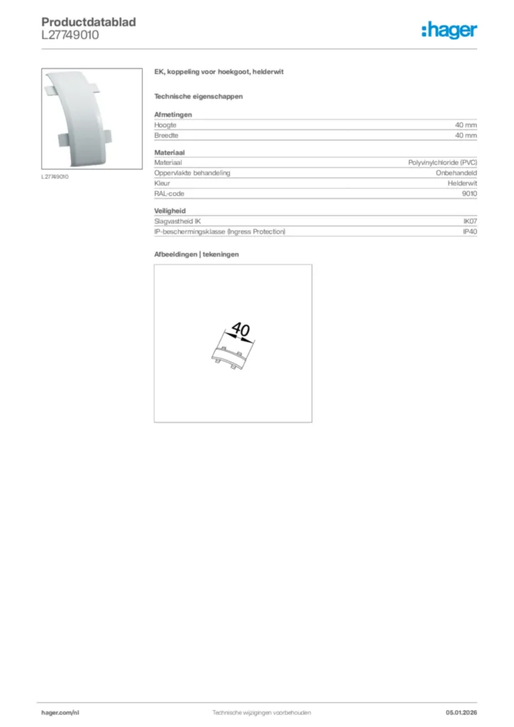 Afbeelding Hager Productdatablad L27749010 | Hager Nederland