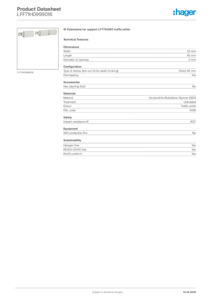 Image Hager Product data sheet LFF71H0999016  | Hager Africa