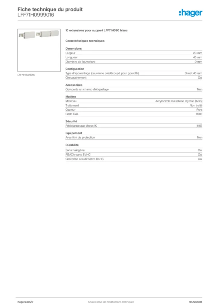 Image Hager Fiche technique du produit LFF71H0999016 | Hager France