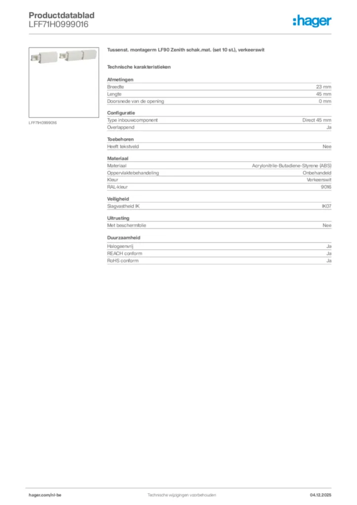 Afbeelding Hager Productdatablad LFF71H0999016 | Hager Belgium