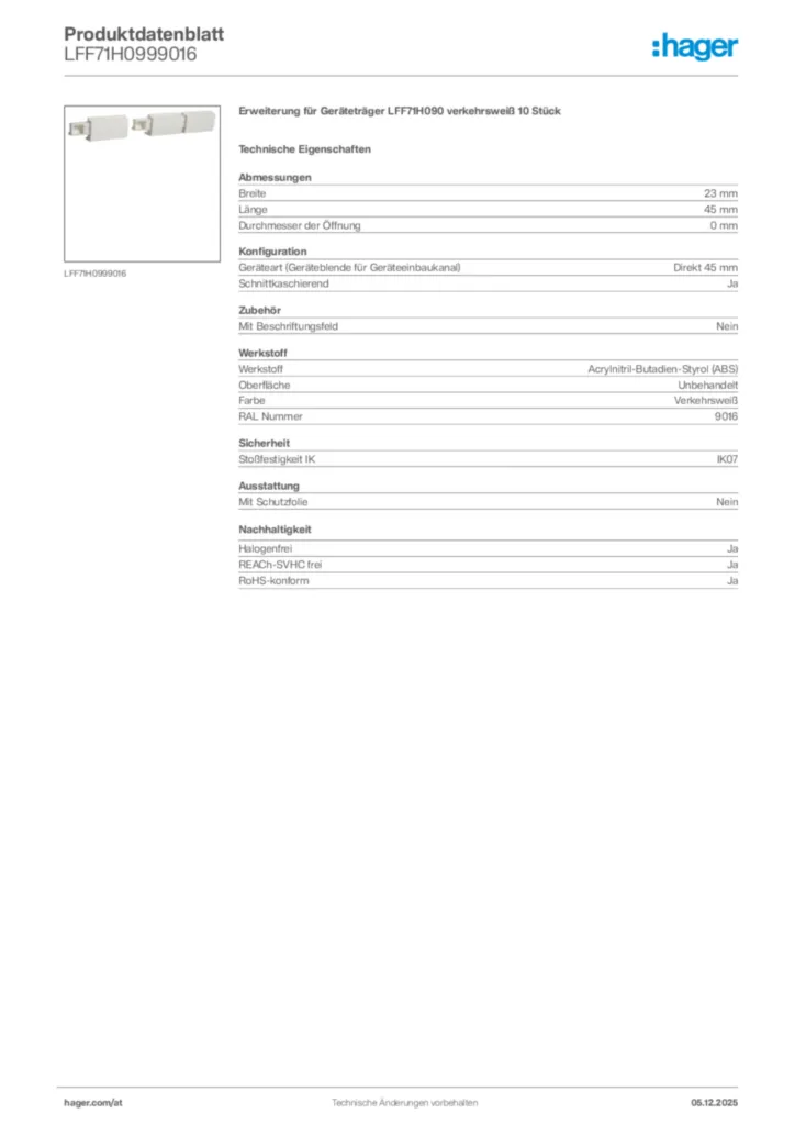 Bild Hager Produktdatenblatt LFF71H0999016 | Hager Deutschland