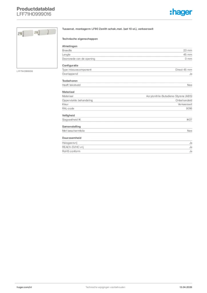 Afbeelding Hager Productdatablad LFF71H0999016 | Hager Nederland