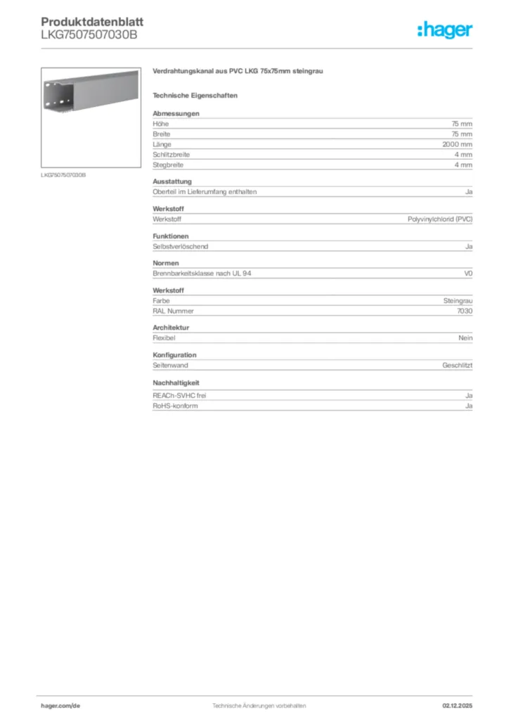 Bild Hager Produktdatenblatt LKG7507507030B | Hager Deutschland