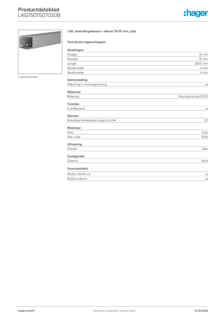 Afbeelding Hager Productdatablad LKG7507507030B | Hager Nederland
