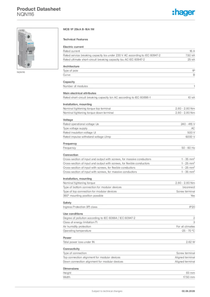 Image Hager Product data sheet NQN116  | Hager Africa