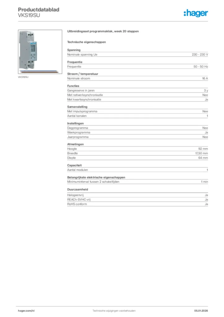 Afbeelding Hager Productdatablad VKS19SU | Hager Nederland