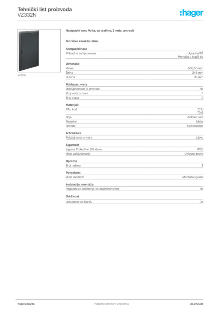 Slika Hager Product data sheet VZ332N  | Hager